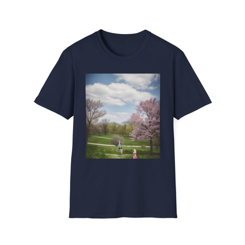 Charcoal cotton crew neck T-shirt with vibrant suburban park design