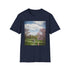 Charcoal cotton crew neck T-shirt with vibrant suburban park design