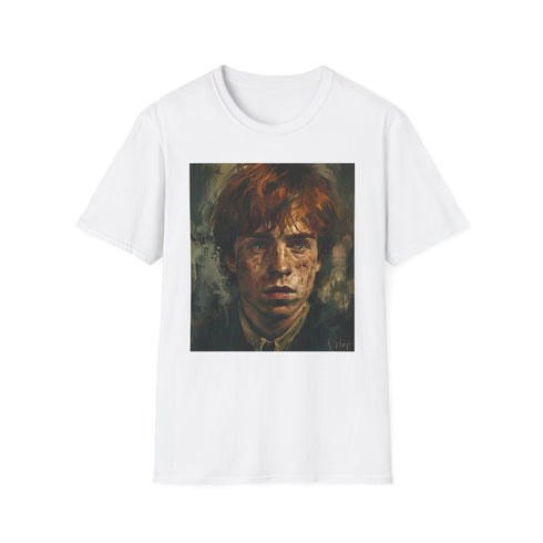 Charcoal cotton T-shirt with Ron Weasley painting showcasing vibrant Hogwarts adventures
