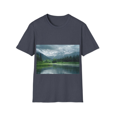Alaska Adventure Landscapes Tee in Charcoal S. Sunrise over mountain scene.