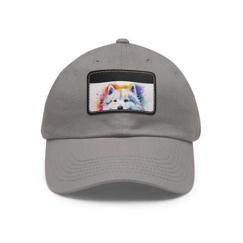 Fluffy Samoyed Snapback hat with white/light brown patch, unisex design.