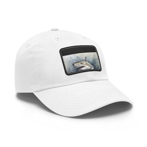 White cotton snapback cap with Great White Shark patch.