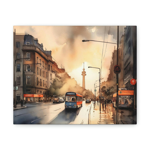 Stunning Berlin sunset canvas with iconic landmarks against vibrant sky.