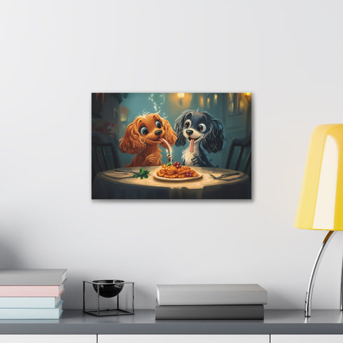 Whimsical canvas art of Lady and the Tramp enjoying pasta together.