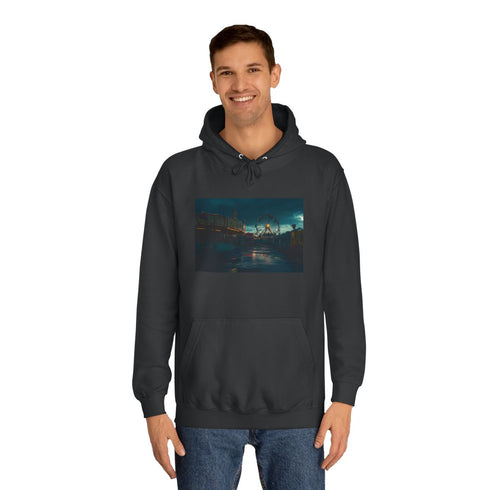 Abandoned Carnival at Night Graphic Unisex College Hoodie - Lifestyle Model View
