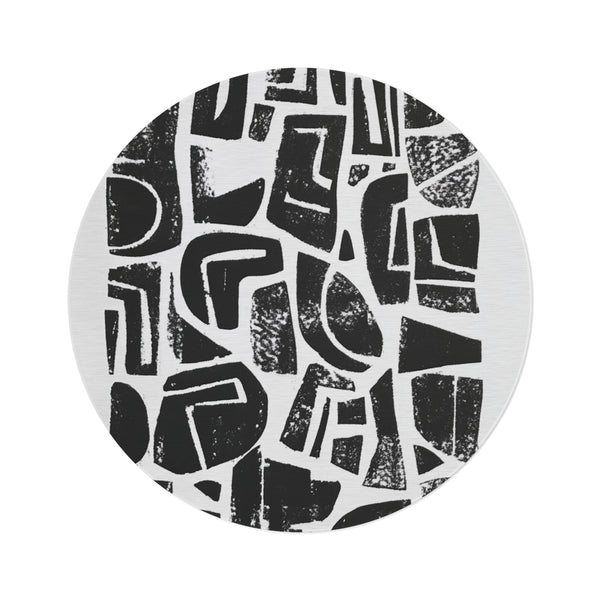 "Abstract Black Linocut Round Rug"