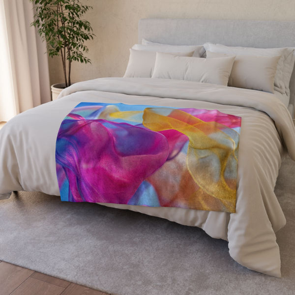 Abstract Fluid Shapes in Vivid Colors — 50×60 Plush Throw Blanket — Draped Over Sofa & Bed Lifestyle View