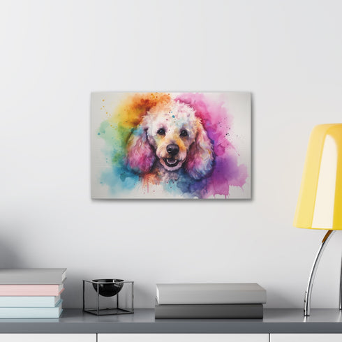 Adorable poodle portrait canvas spotlighting a fluffy coat and soulful eyes.