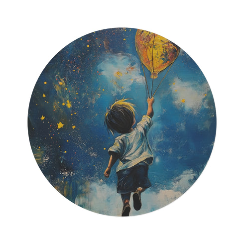 "Adventure Seeker Round Rug: Reach for the Stars with Boy and Flies"