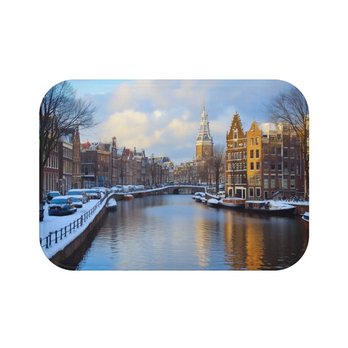 "Amsterdam Canals Bath Mat: Captivating Cityscape"