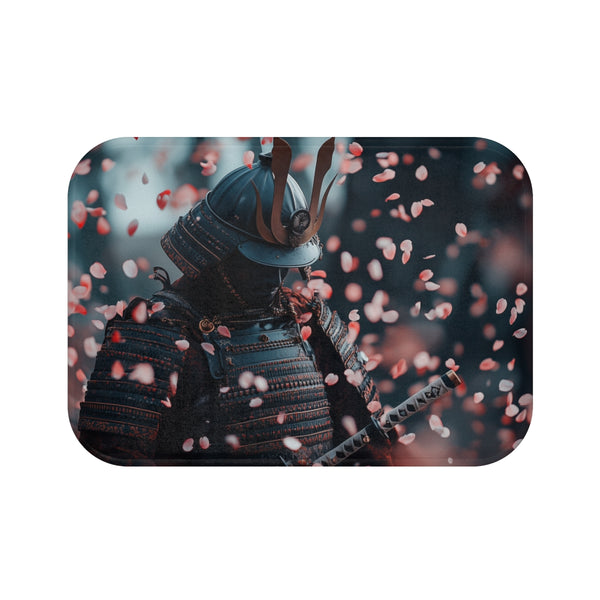 Samurai Warrior Under Falling Cherry Blossoms — 61×43 Memory Foam Bath Mat — Top-Down Velvet Microfibre Artwork View