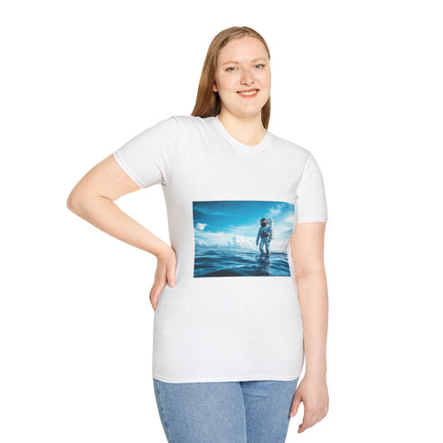 Astronaut Walking on Ocean Surface Graphic Unisex Softstyle T-Shirt - Model View