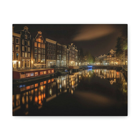Amsterdam nightscape canvas with iconic canal reflection at nighttime.