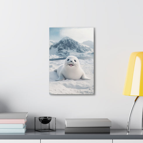 Baby harp seal portrait in snowy landscape on canvas print.