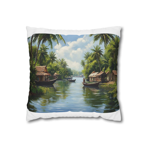 "Backwaters Kerala Painting Pillowcase: Tranquil Maze"