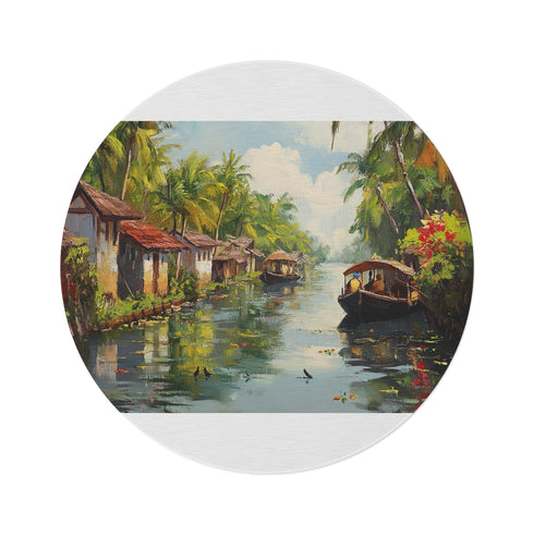 "Backwaters Kerala Round Rug: Exquisite Painting Maze"