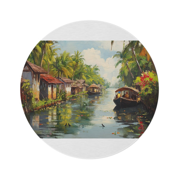 "Backwaters Kerala Round Rug: Exquisite Painting Maze"