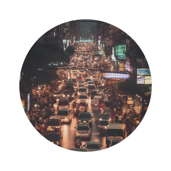 "Bangkok Nights Round Rug: Illuminated Urban Chic"