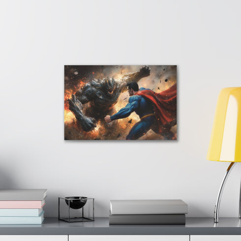 Dynamic canvas print depicting Superman battling Doomsday in epic clash.