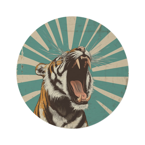 "Bauhaus Tiger Round Rug: Vintage Emblem Chaos"