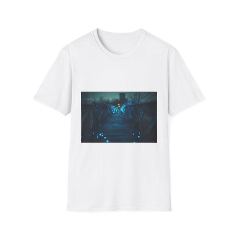Bioluminescent Vines on Ghost Bridge Graphic Unisex Softstyle T-Shirt - Front View
