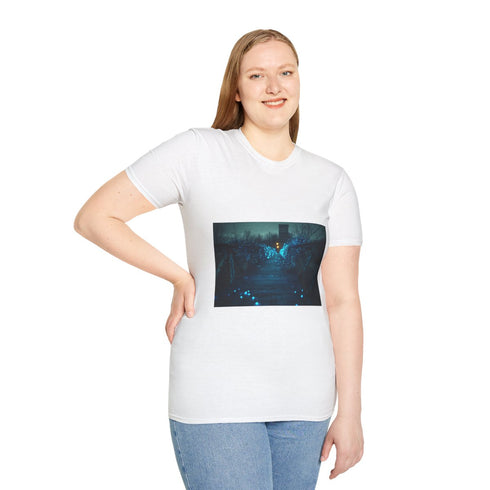Bioluminescent Vines on Ghost Bridge Graphic Unisex Softstyle T-Shirt - Model View