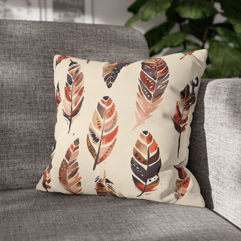 Bohemian Feathers Seamless Pattern — Faux Suede Cushion Cover — Sofa & Living Room Lifestyle View