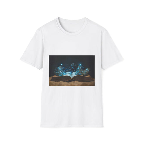 Book Pages Turning Into Constellations Graphic Unisex Softstyle T-Shirt - Front View