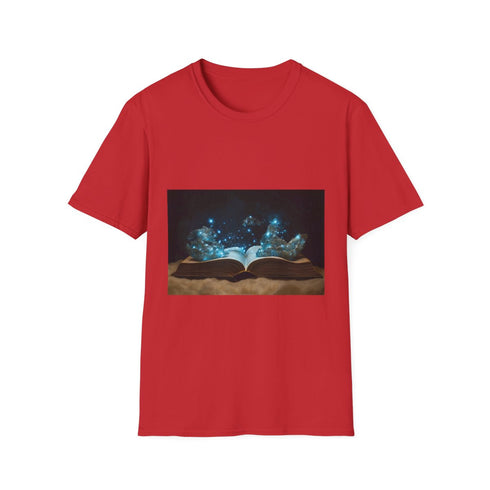 Book Pages Turning Into Constellations Graphic Unisex Softstyle T-Shirt - Red Variant