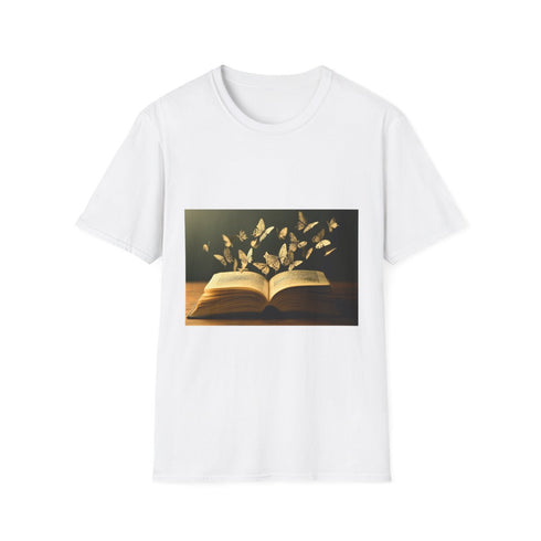 Book with Words Turning Into Butterflies Graphic Unisex Softstyle T-Shirt - Front View