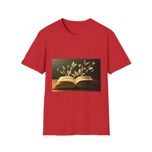 Book with Words Turning Into Butterflies Graphic Unisex Softstyle T-Shirt - Red Variant