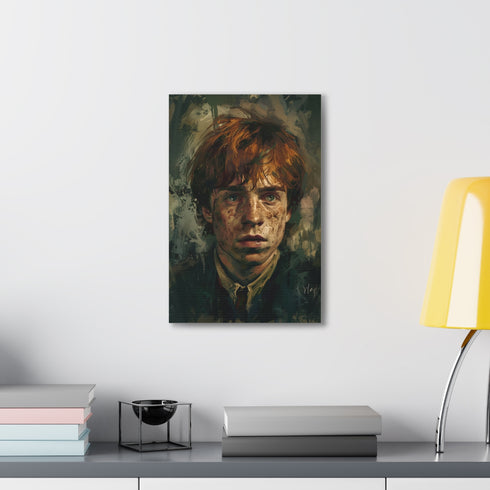 Magical Weasley portrait on canvas celebrating Gryffindor bravery.