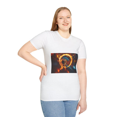 Bridge of Light Across Black Hole Graphic Unisex Softstyle T-Shirt - Model View