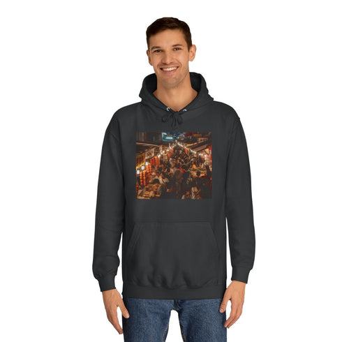 Bustling Asian Night Market Stalls Lanterns Graphic Unisex College Hoodie - Lifestyle Model View
