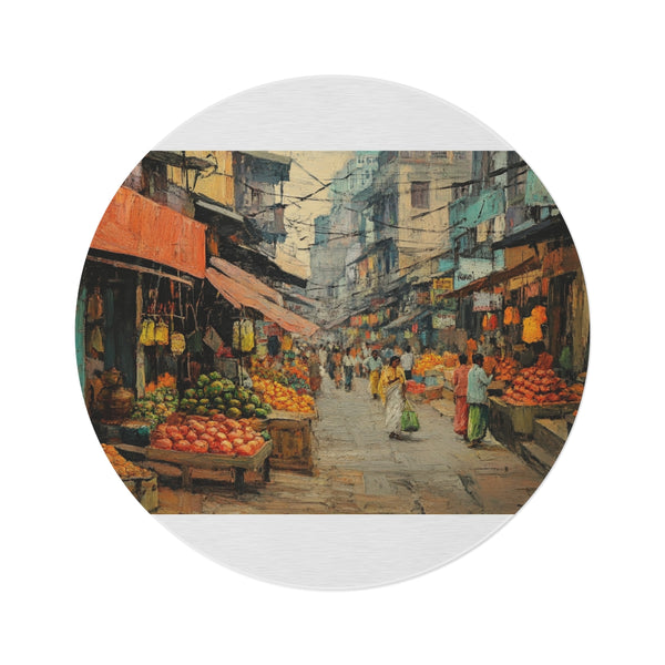 "Calcutta Charm Round Rug" - Bring the vibrant energy of New Market to your home with this stylish and colorful round rug inspired by Calcutta's major metropolises in West Bengal. Perfect for adding a touch of Indian flair to any room in your home.