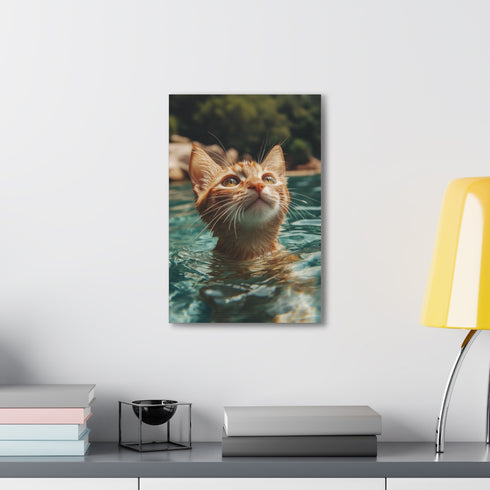 Cat diving into crystal-clear waters canvas print. Ocean beauty captured.
