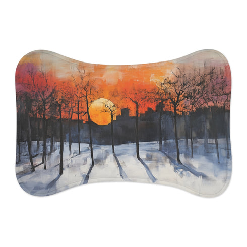 "Central Park Snow Sunset Pet Mat: Cozy Winter Wonderland"