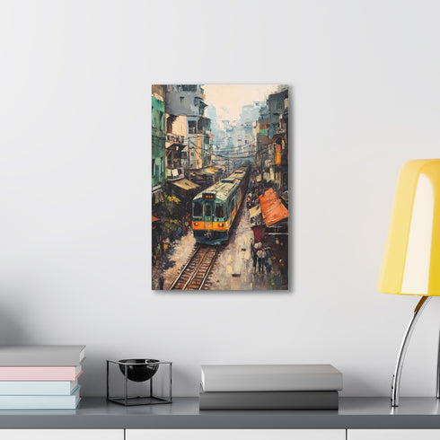 Vibrant canvas print showcasing chaos on Hanoi Train Street, Vietnam.