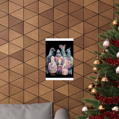 Watercolor chubby pigeons poster in vibrant colors, perfect for bird lovers.