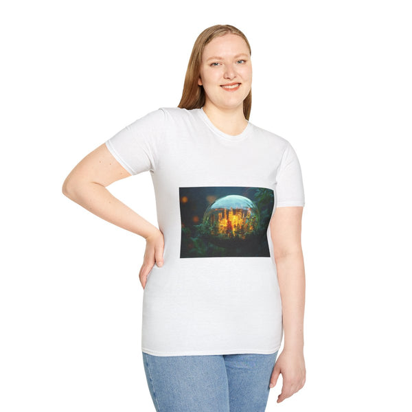 City Inside Glowing Mushroom Cap Graphic Unisex Softstyle T-Shirt - Model View