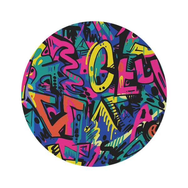 "City Streets Round Rug: Urban Graffiti Chic"