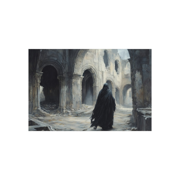 Cloaked Figure Exploring Ancient Ruins