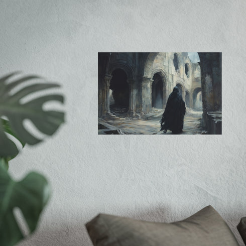 Cloaked Figure Exploring Ancient Ruins