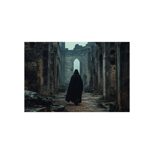 Cloaked Wanderer Amidst Ancient Ruins