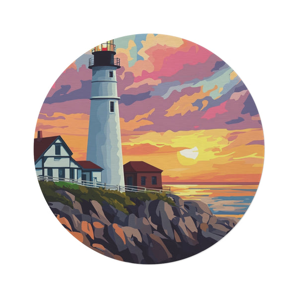"Coastal Lighthouse Sunset Round Rug"