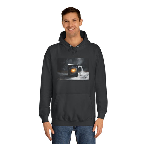 Coffee Mug with Galaxy Inside Graphic Unisex College Hoodie - Lifestyle Model View