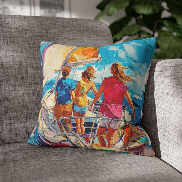 Summer Friends on Luxury Mediterranean Yacht — Faux Suede Cushion Cover — Sofa & Living Room Lifestyle View