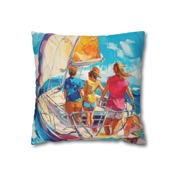 Summer Friends on Luxury Mediterranean Yacht — Faux Suede Cushion Cover — Front 40×40 cm Square Cushion View