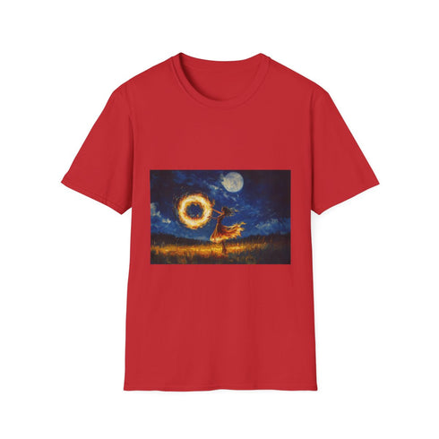 Cosmic Fire Dancer Under Moonlight Graphic Unisex Softstyle T-Shirt - Red Variant