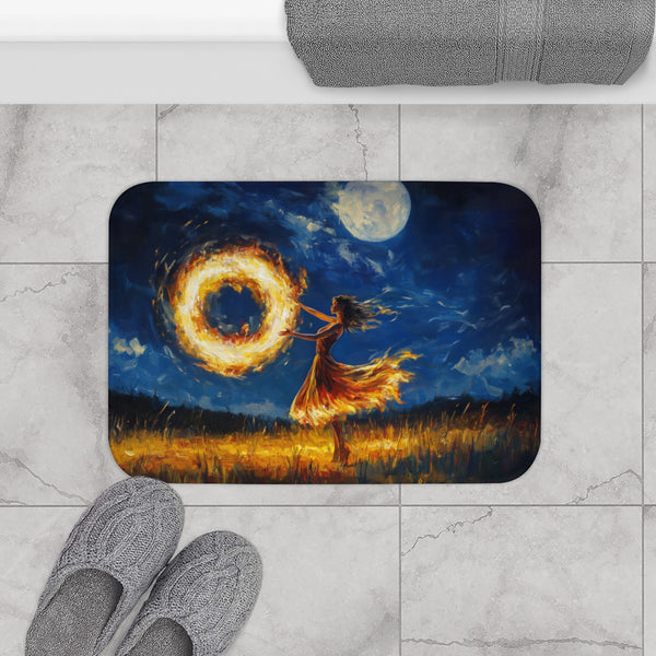 Cosmic Fire Dancer Under Moonlight — Memory Foam Bath Mat — Modern Bathroom Floor Lifestyle View